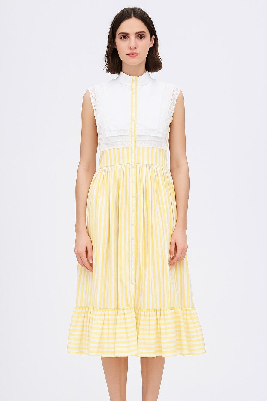 Vintage OOAK yellow & white striped dress double layer white lace square collar